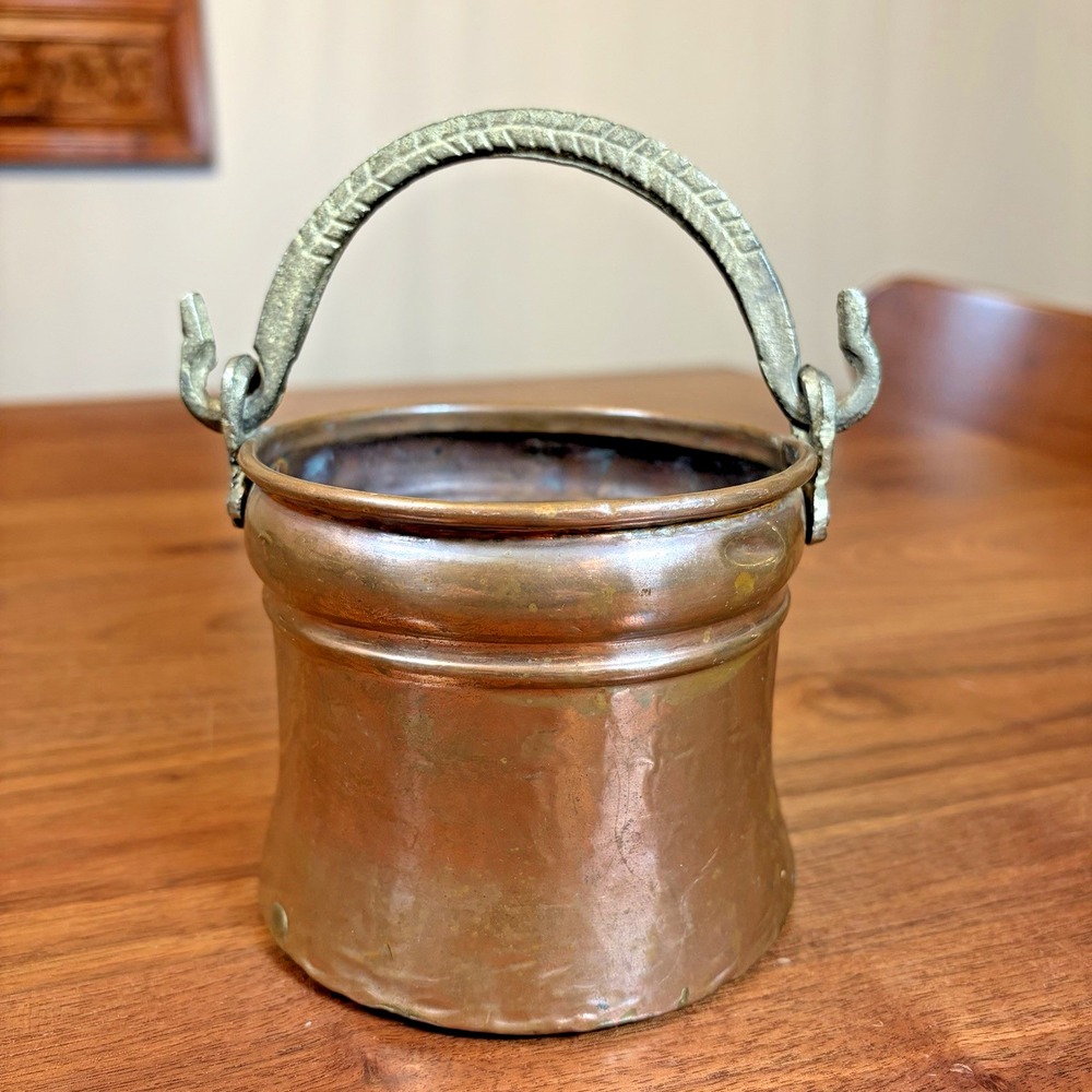 Vintage Solid Copper Pot Small Cauldron with Brass Swing Handle 4 inch